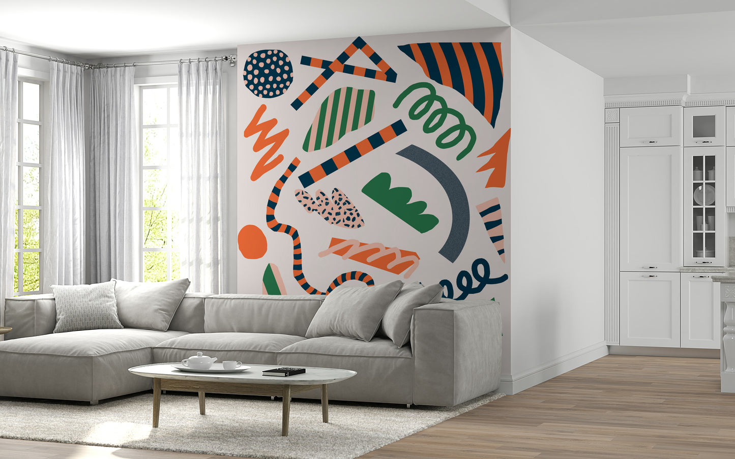A serene colorful geometric wall mural for vibrant decor.

