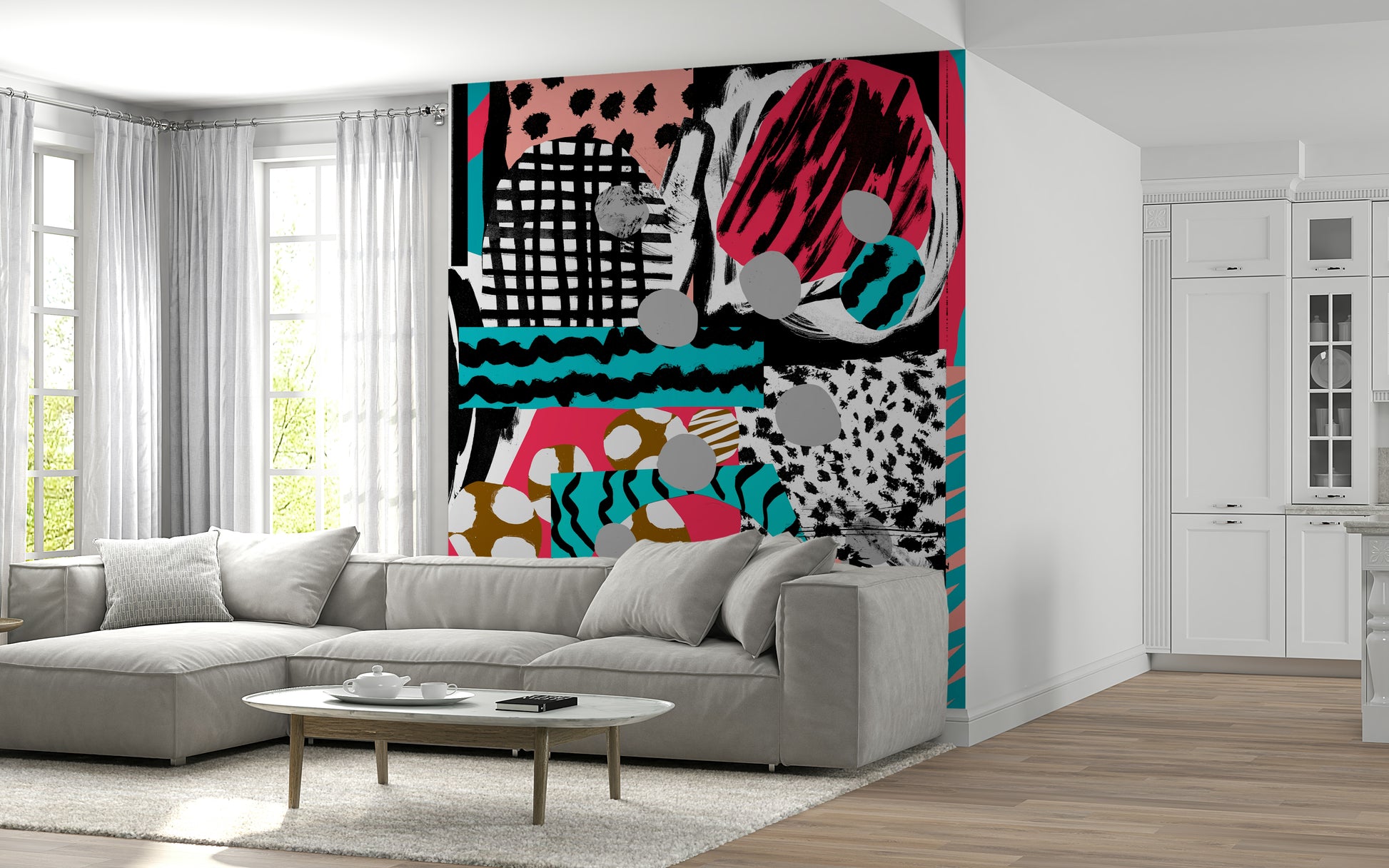 A calming modern design wallpaper mural that defines a space.

