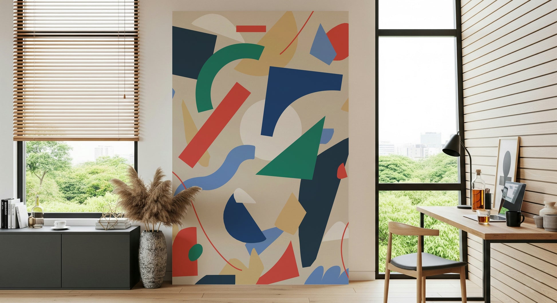 An artistic whimsical creature mural on scenic wallpaper.

