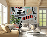 A graceful subtle campsite wall mural in cool, natural tones.

