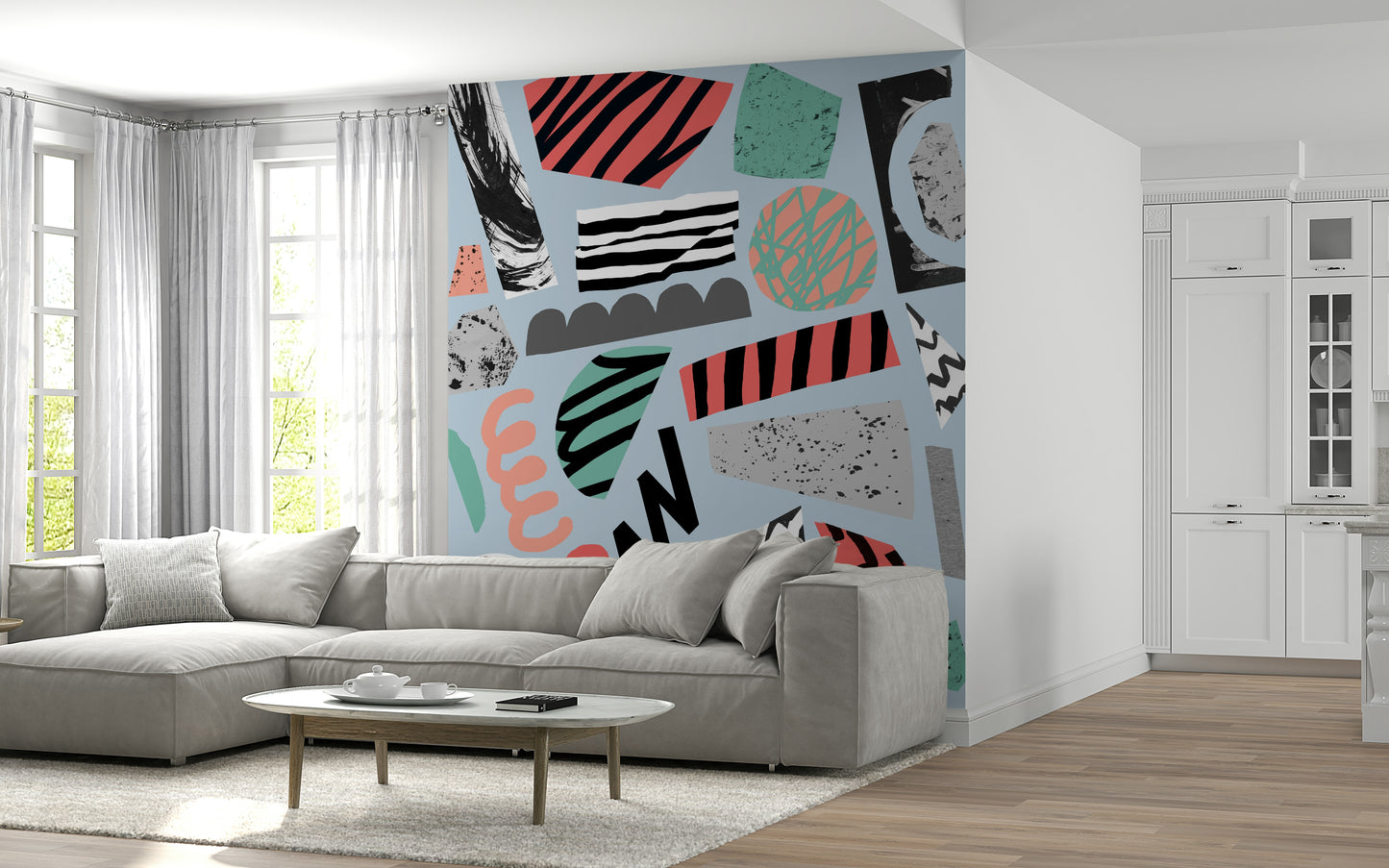 A contemplative forest camping wallpaper mural for a feature wall.

