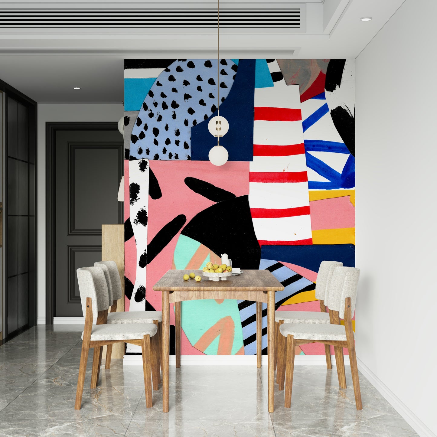 A beautiful modern art wall mural of layered shapes.

