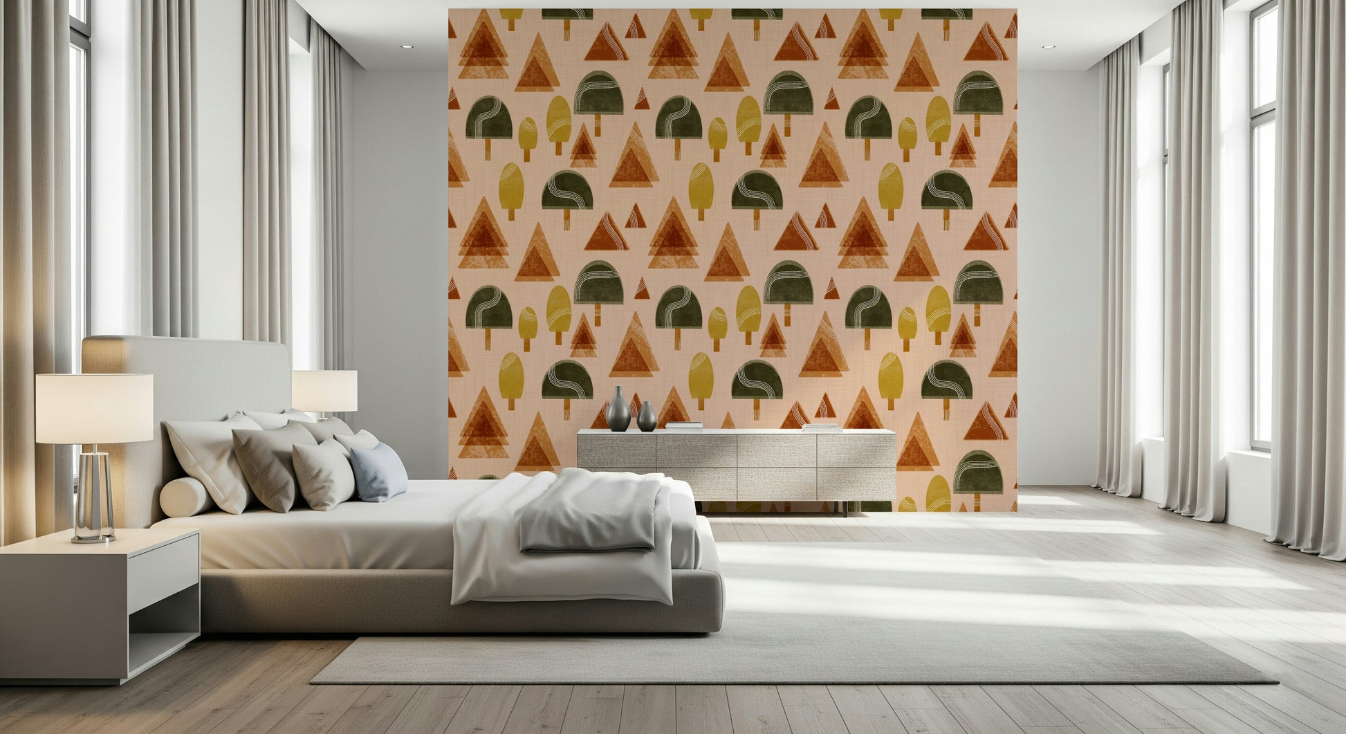 An artistic abstract tree mural on minimalist wallpaper.

