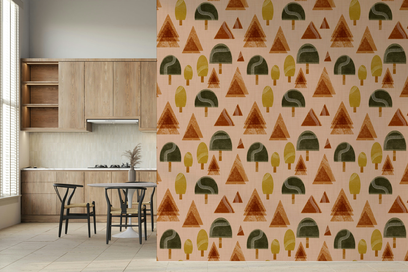 A beautiful retro woodland wallpaper mural with blush pink trees.

