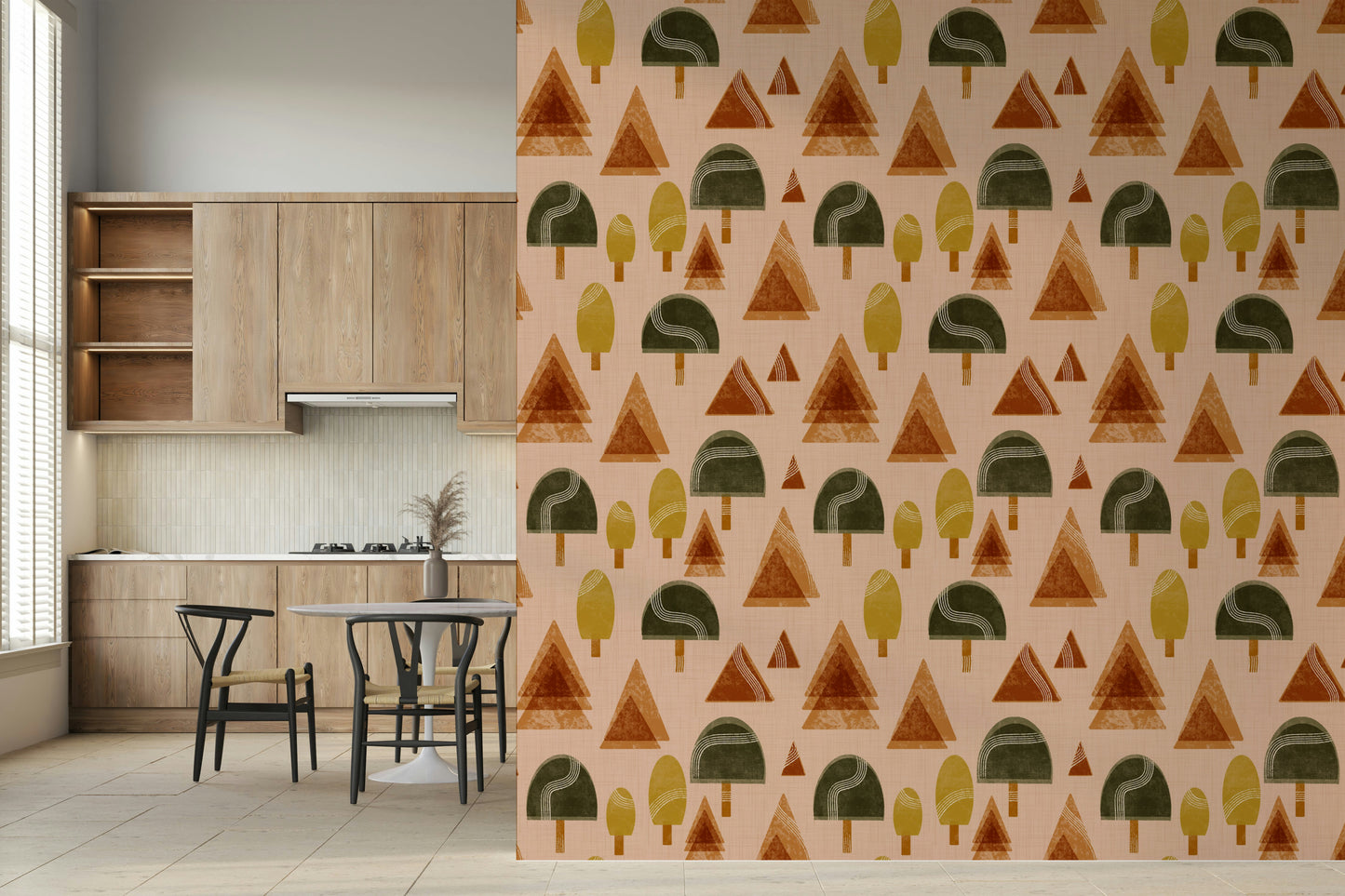 A beautiful retro woodland wallpaper mural with blush pink trees.

