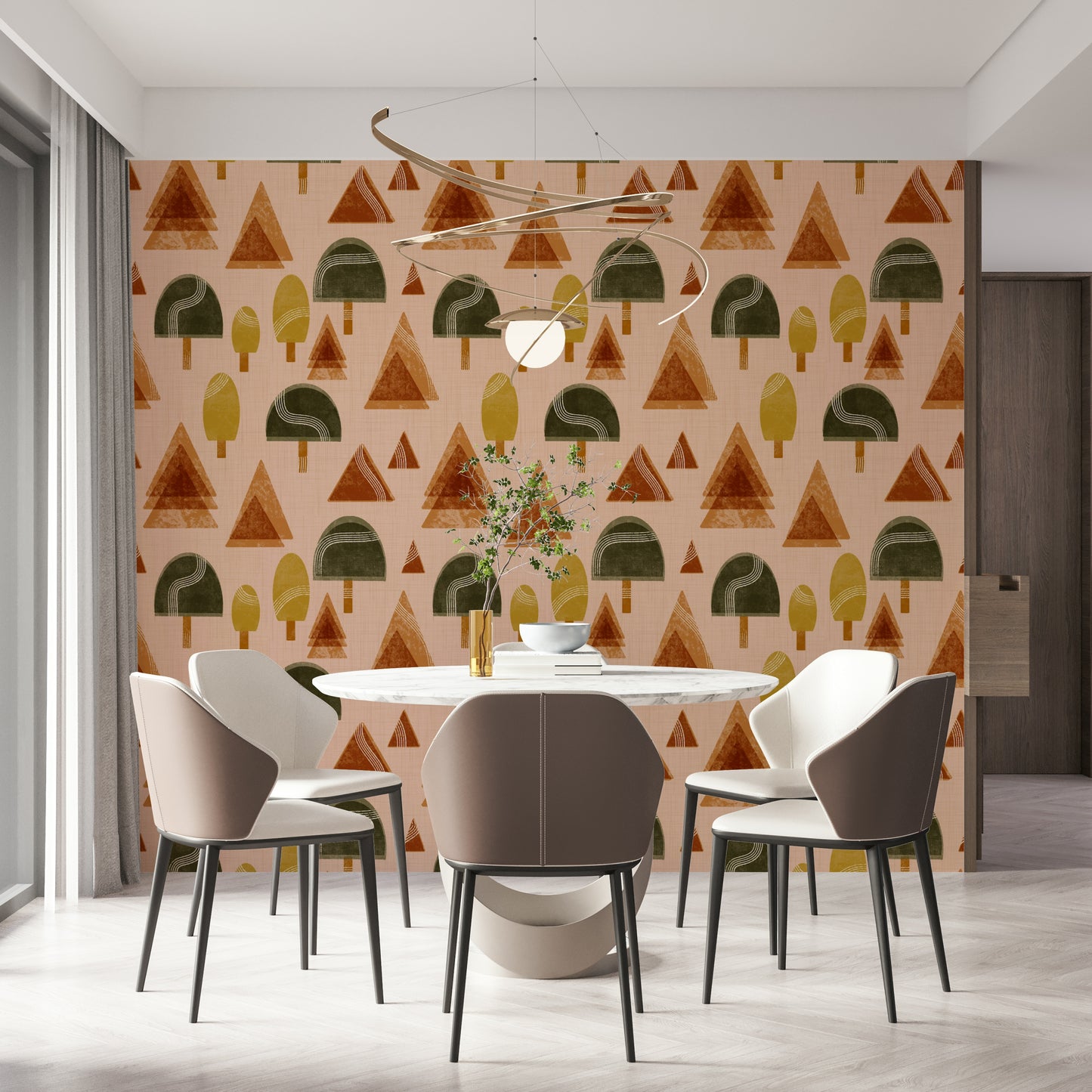 A peaceful forest design mural on decorative wallpaper.

