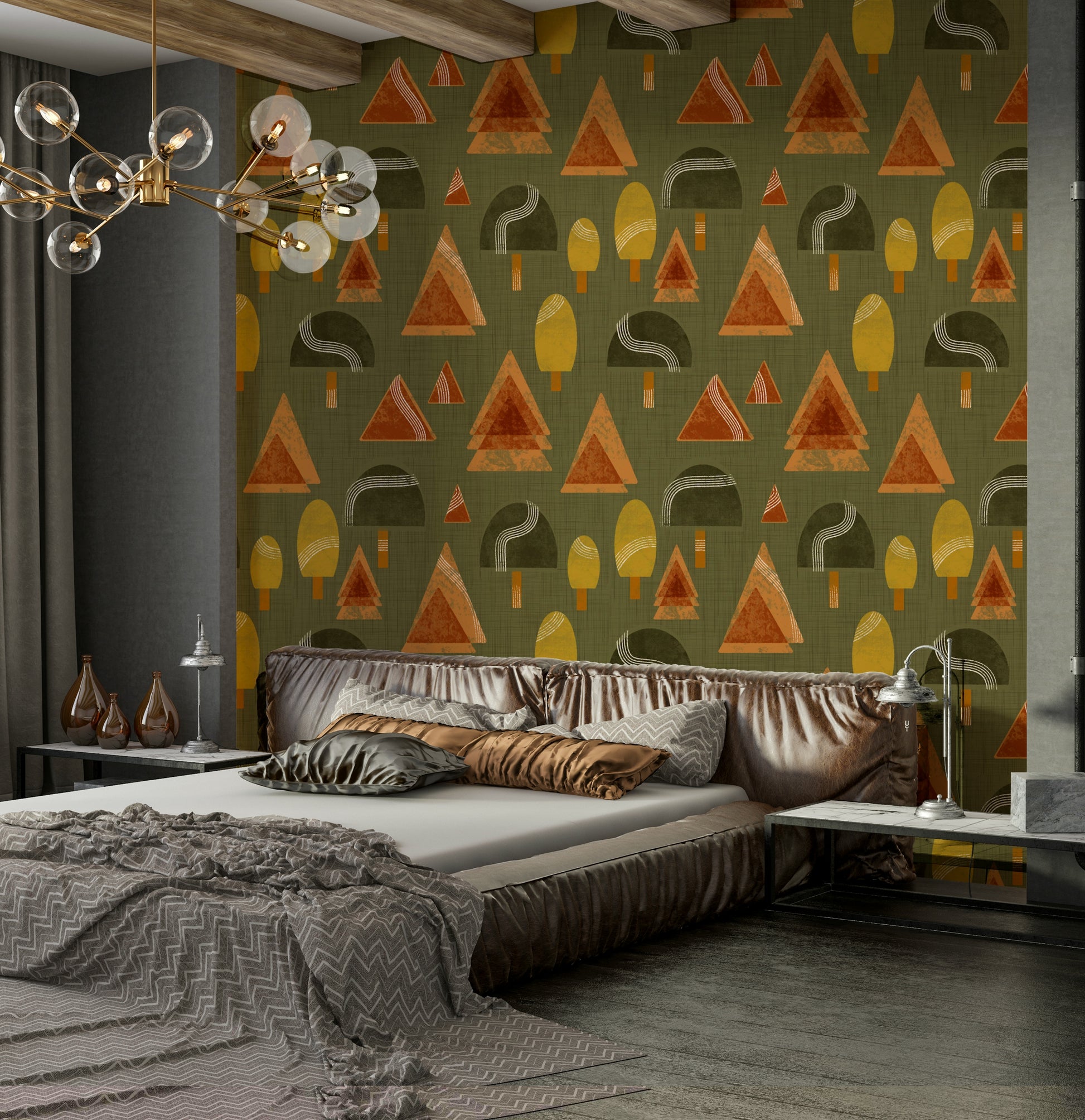 A peaceful retro geometric mural on decorative wallpaper.

