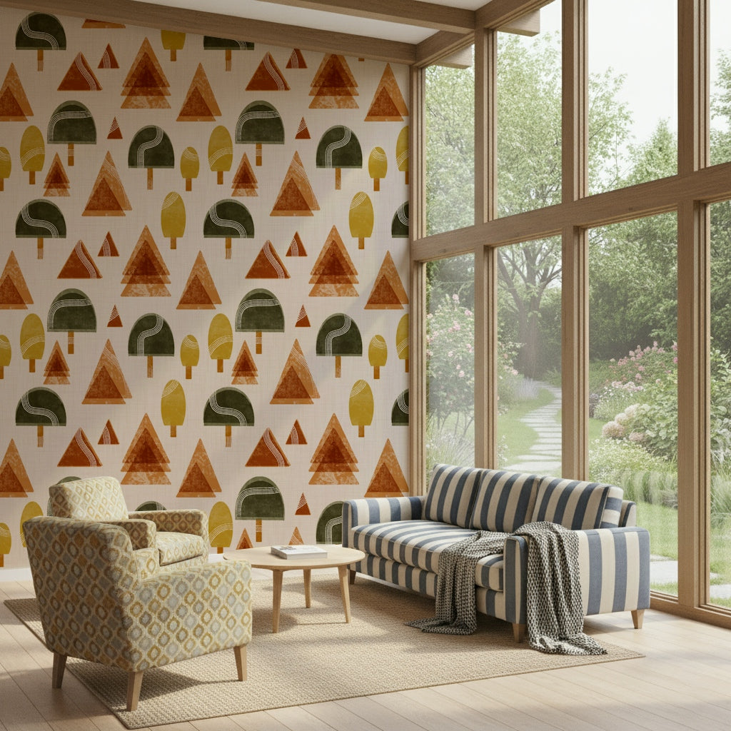 A calming abstract forest wallpaper mural that defines a space.

