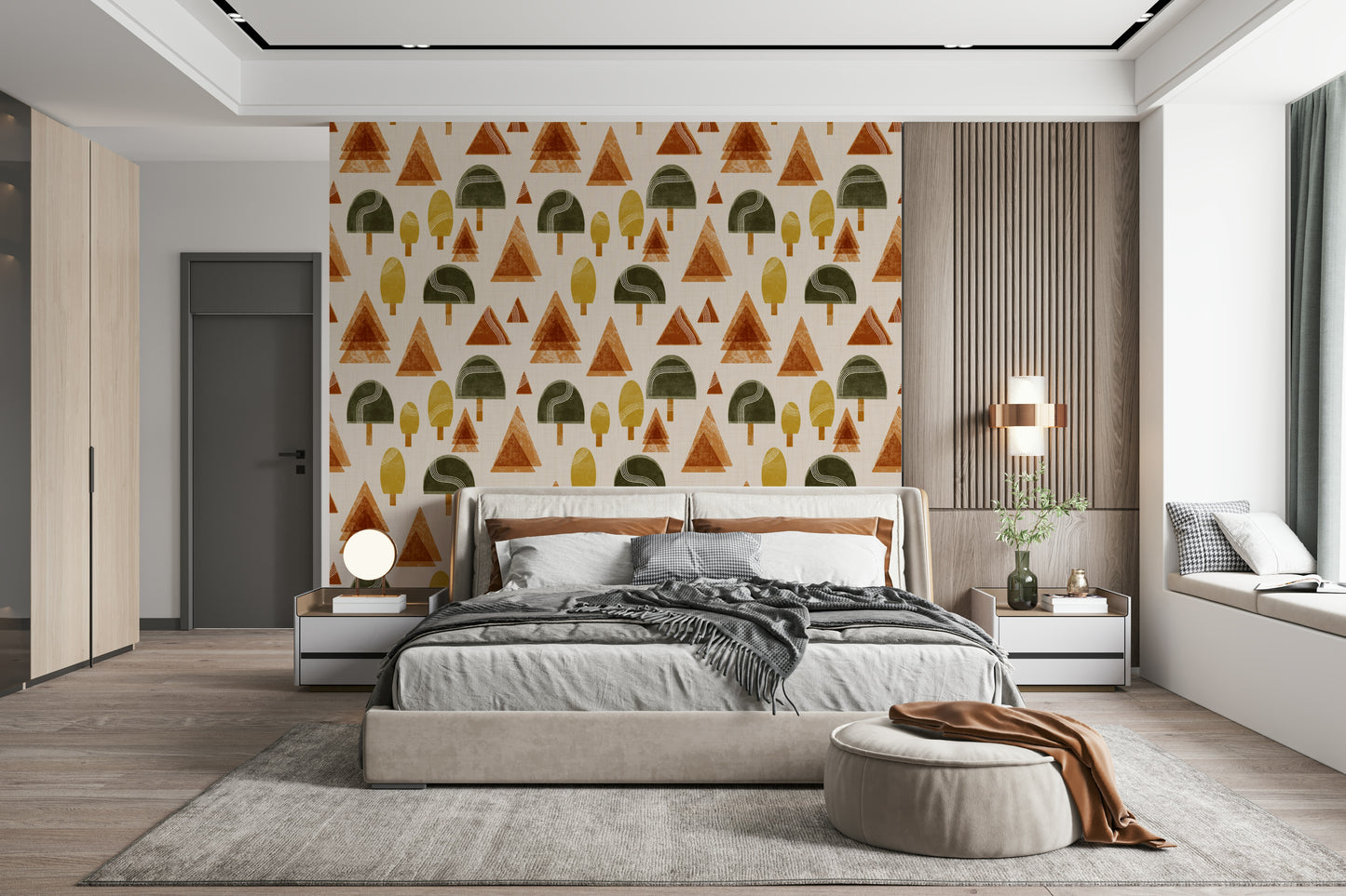 A beautiful retro woodland wallpaper mural with mid-century modern trees.

