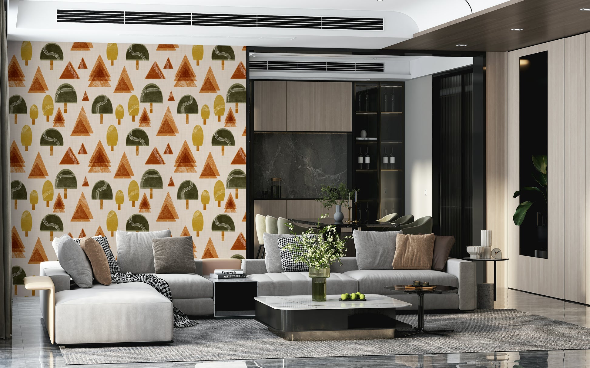 An artistic geometric tree mural on minimalist wallpaper.

