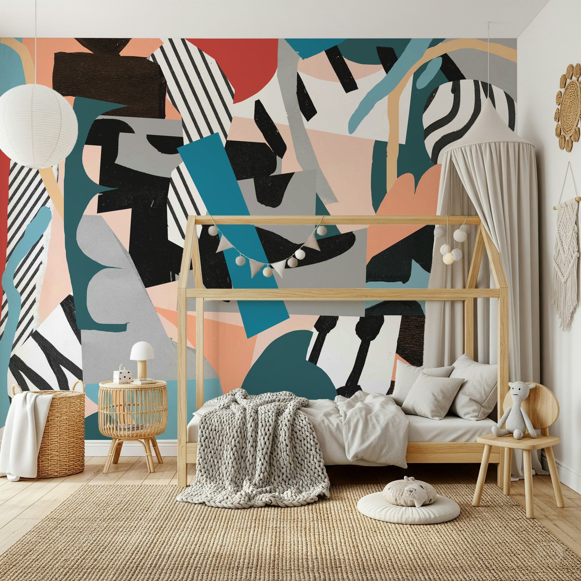 A peaceful abstract design mural on decorative wallpaper.

