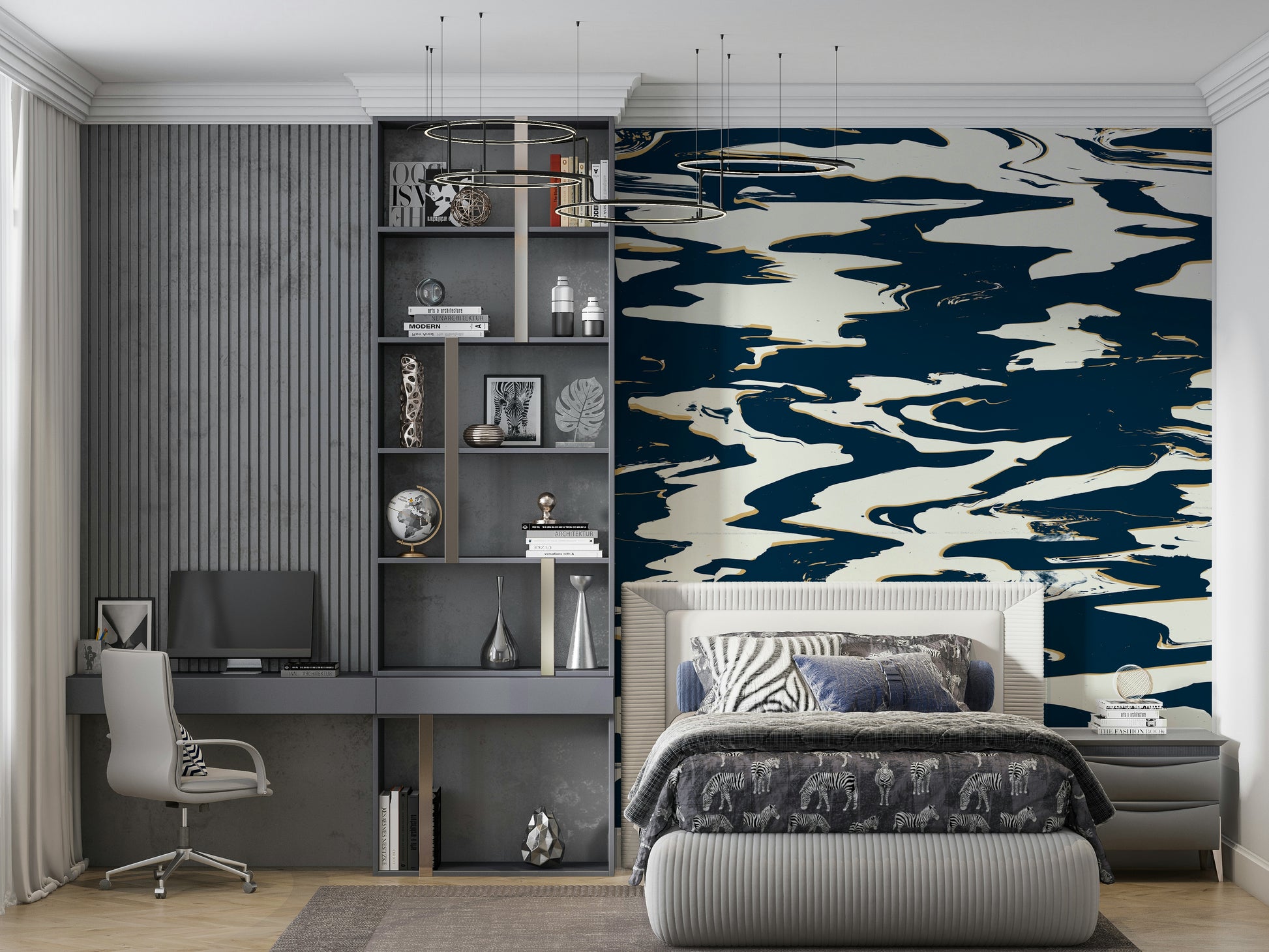 A contemplative subtle blue wallpaper mural for a feature wall.

