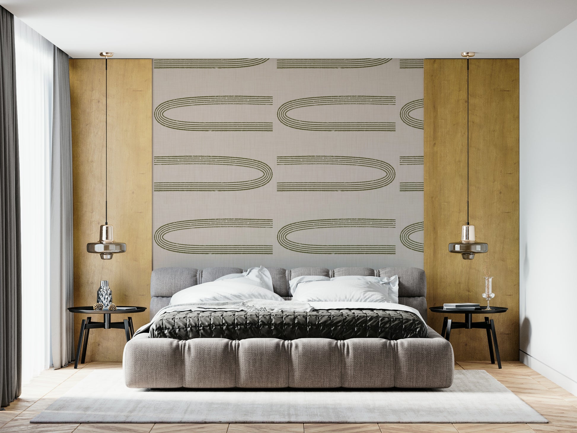 An artistic abstract line mural on minimalist wallpaper.

