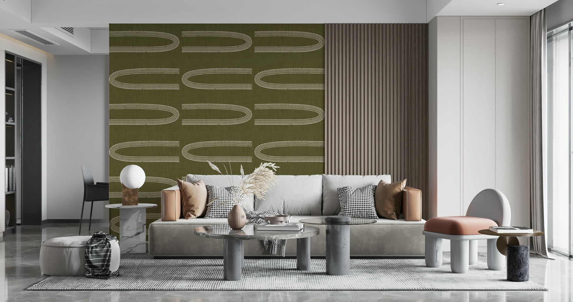 A calming modern design wallpaper mural that defines a space.

