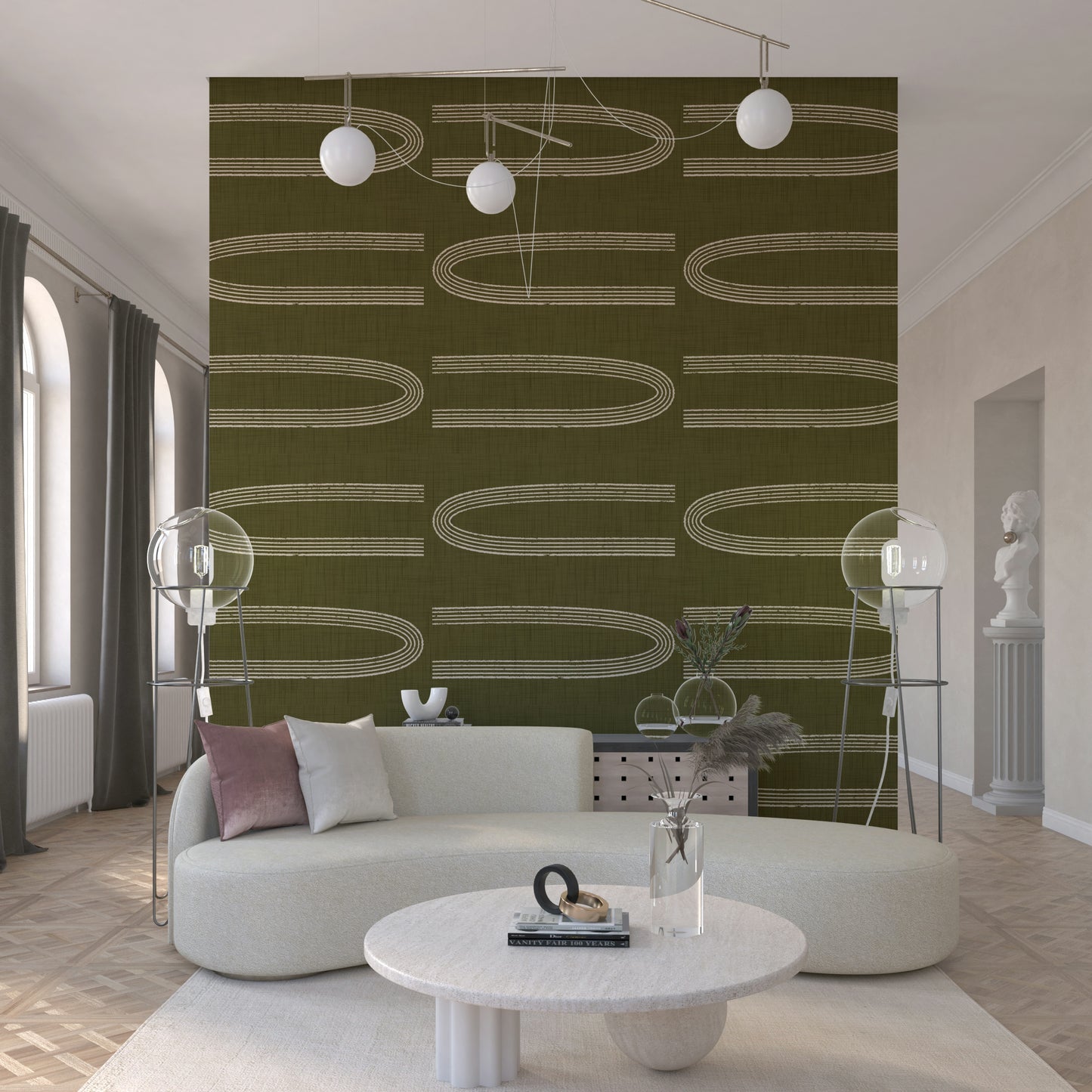 An artistic soft linen and olive mural on minimalist wallpaper.

