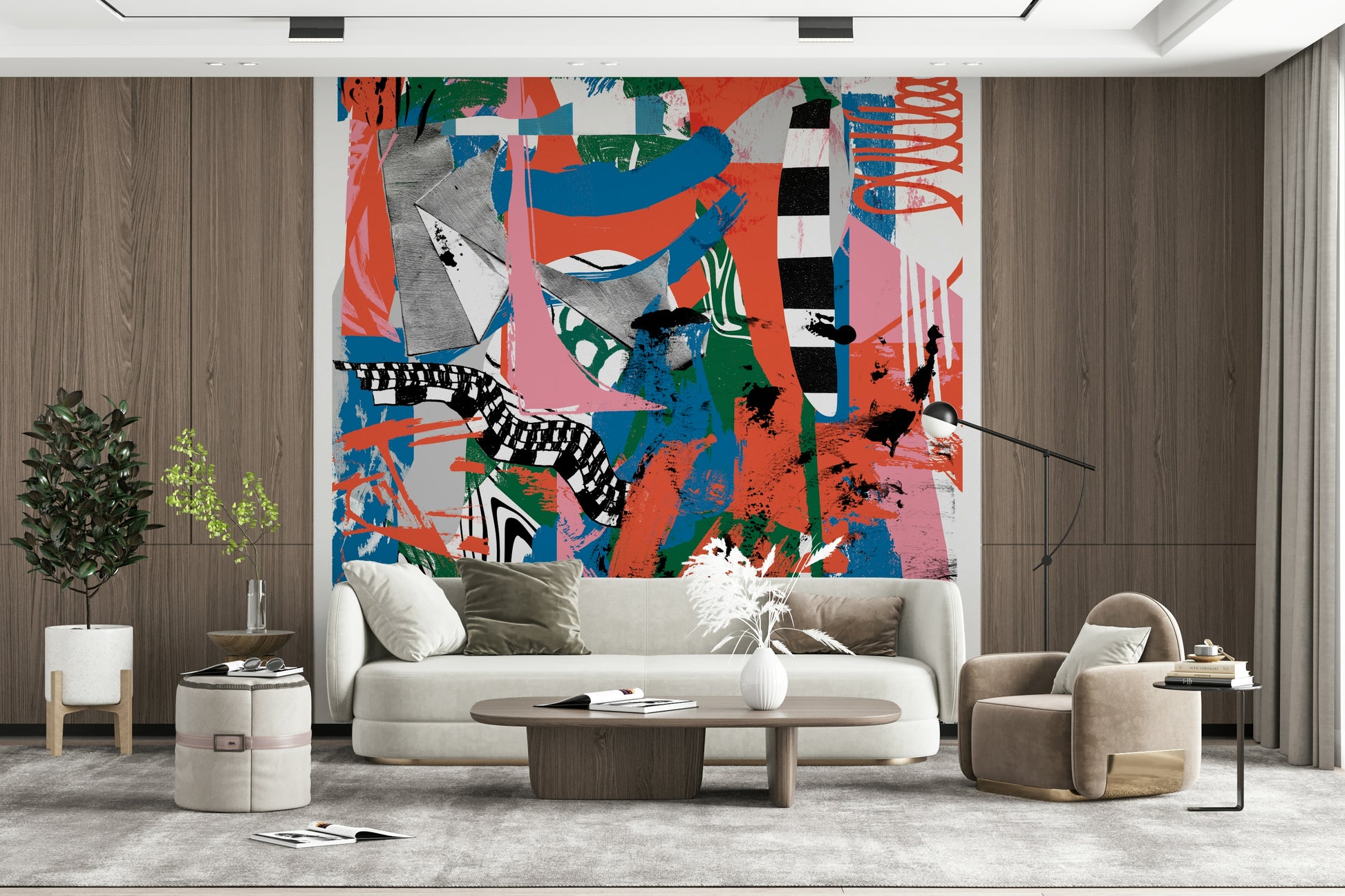 An artistic impossible riot mural on minimalist wallpaper.

