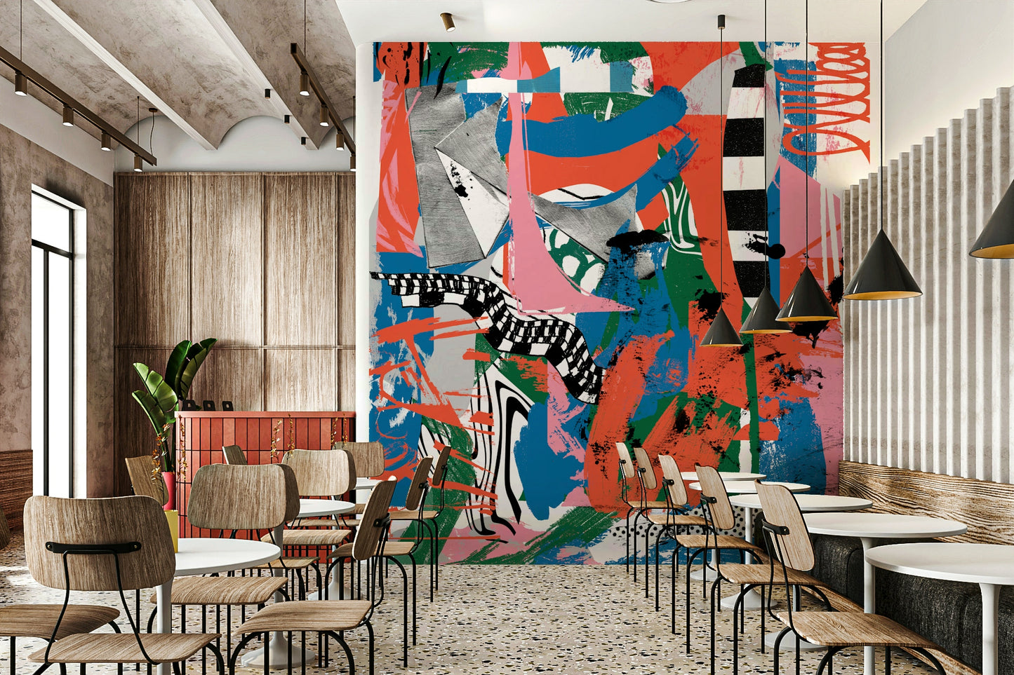 A graceful subtle energy wall mural in cool, natural tones.

