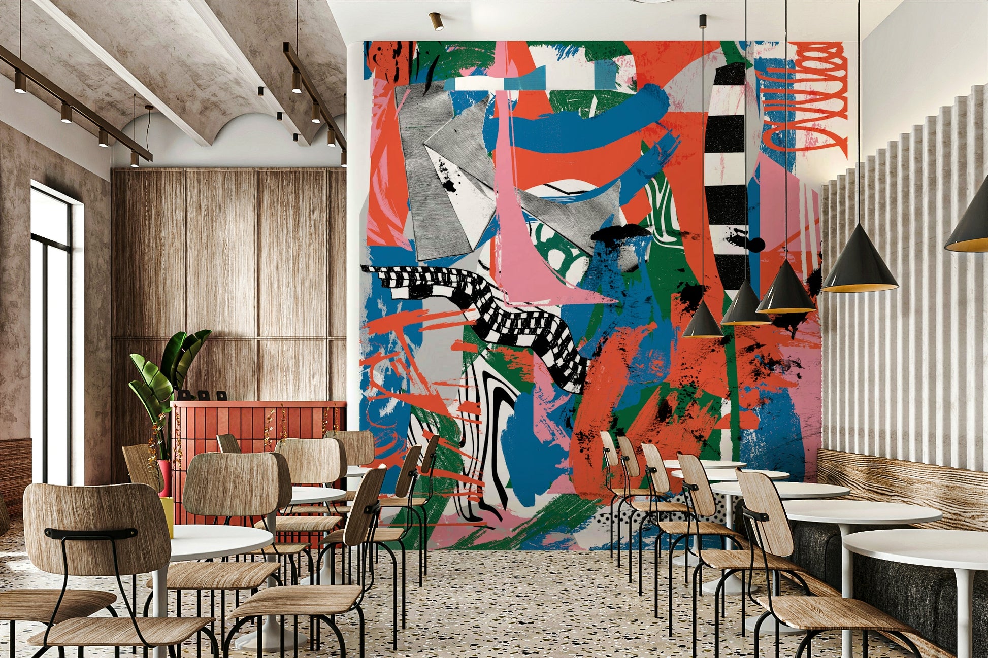 A graceful subtle energy wall mural in cool, natural tones.

