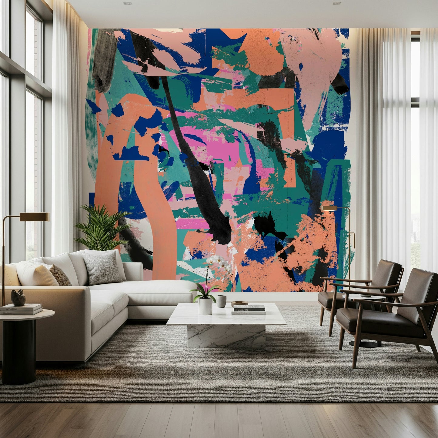A calming abstract design wallpaper mural that defines a space.

