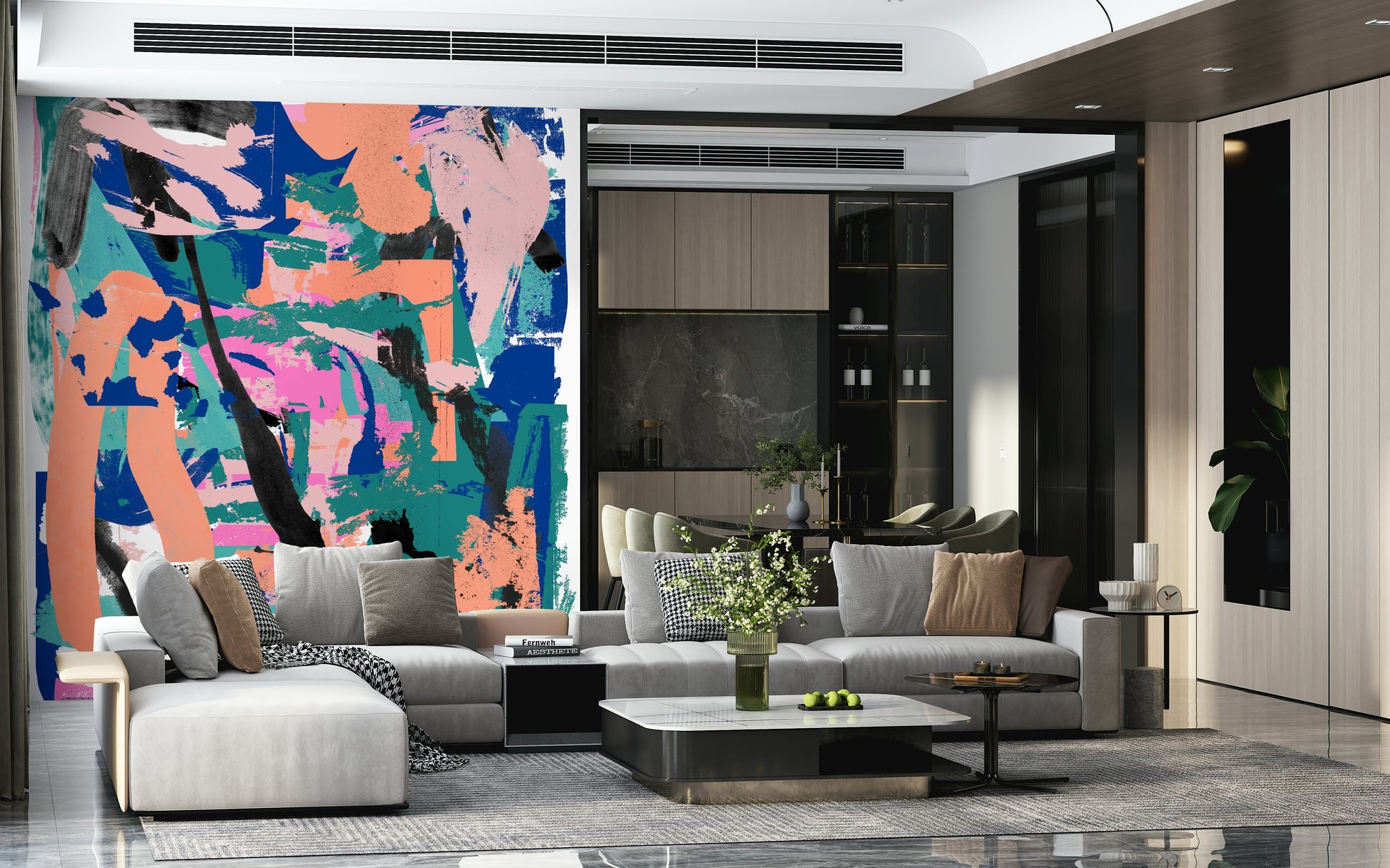 An abstract black ink mural on minimalist wallpaper.

