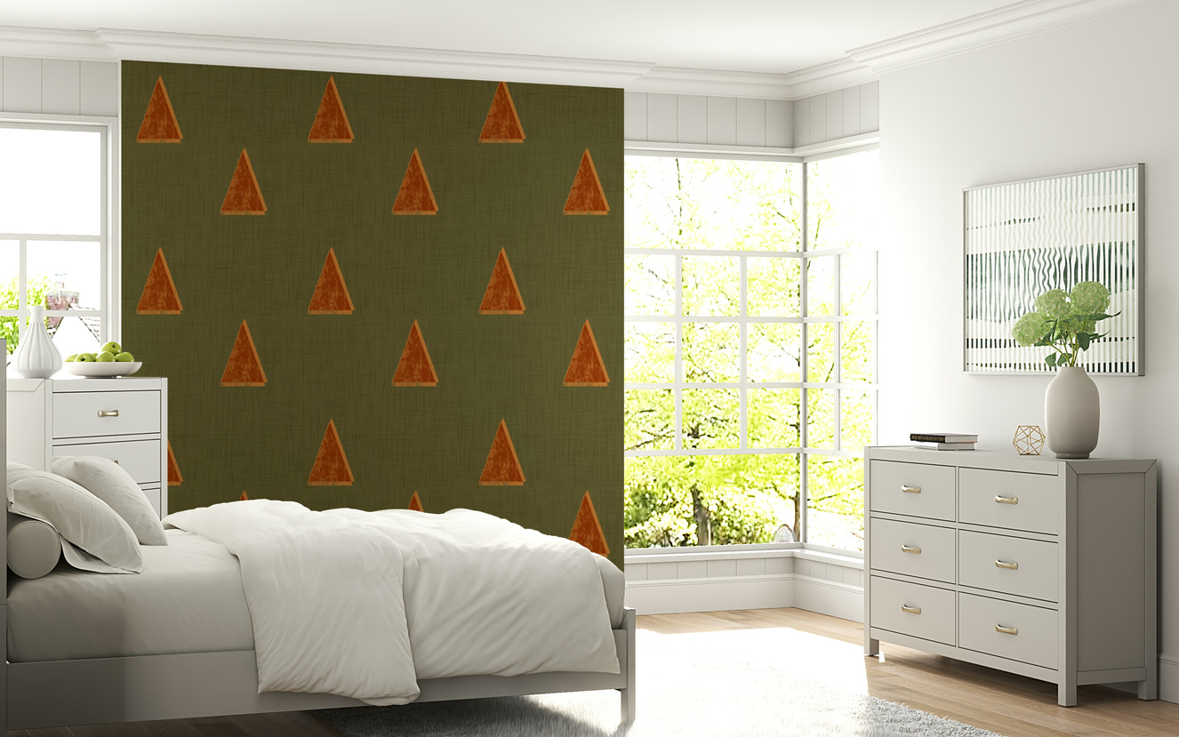 A beautiful Japandi triangle wallpaper mural with olive trees.

