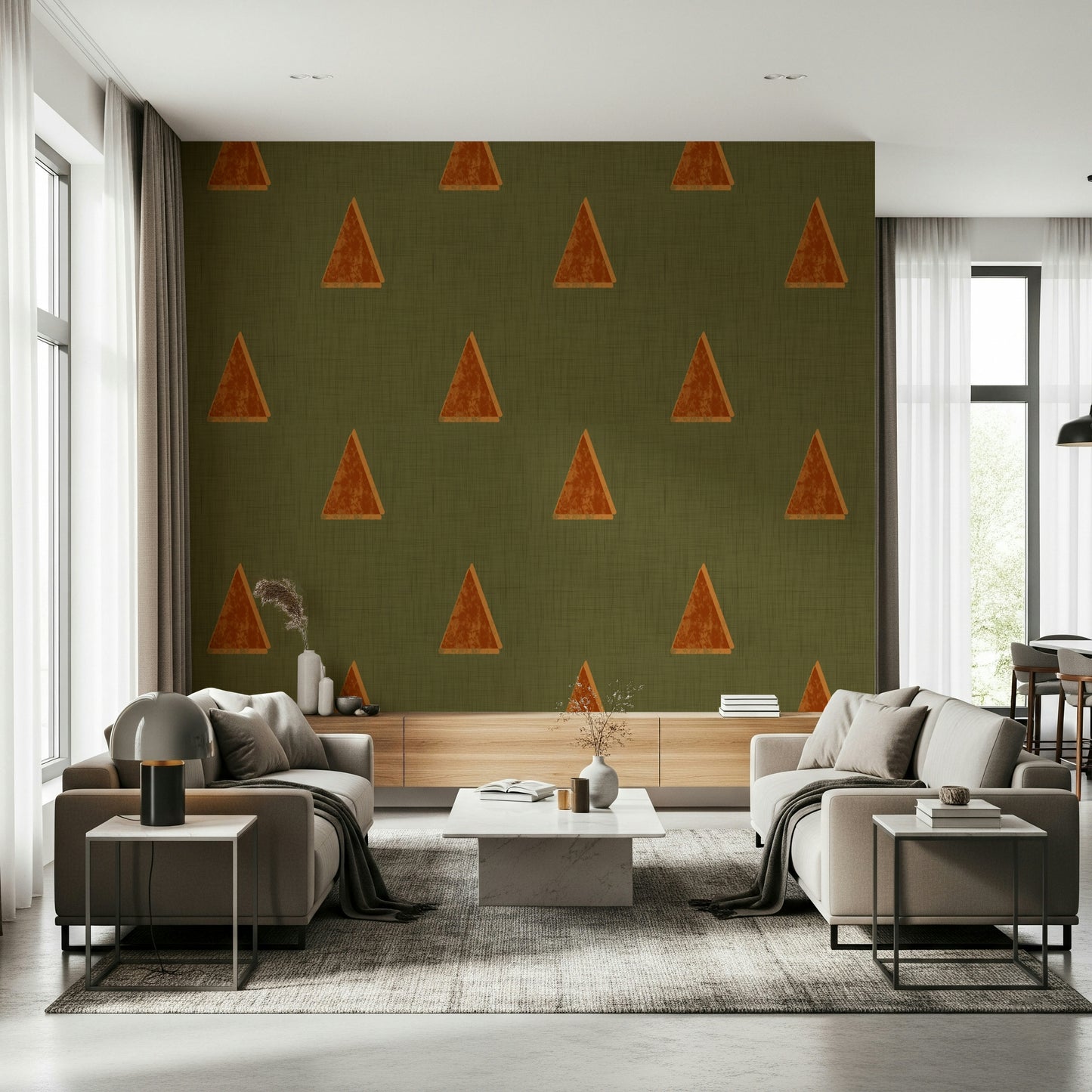 A peaceful olive grove mural on decorative wallpaper.

