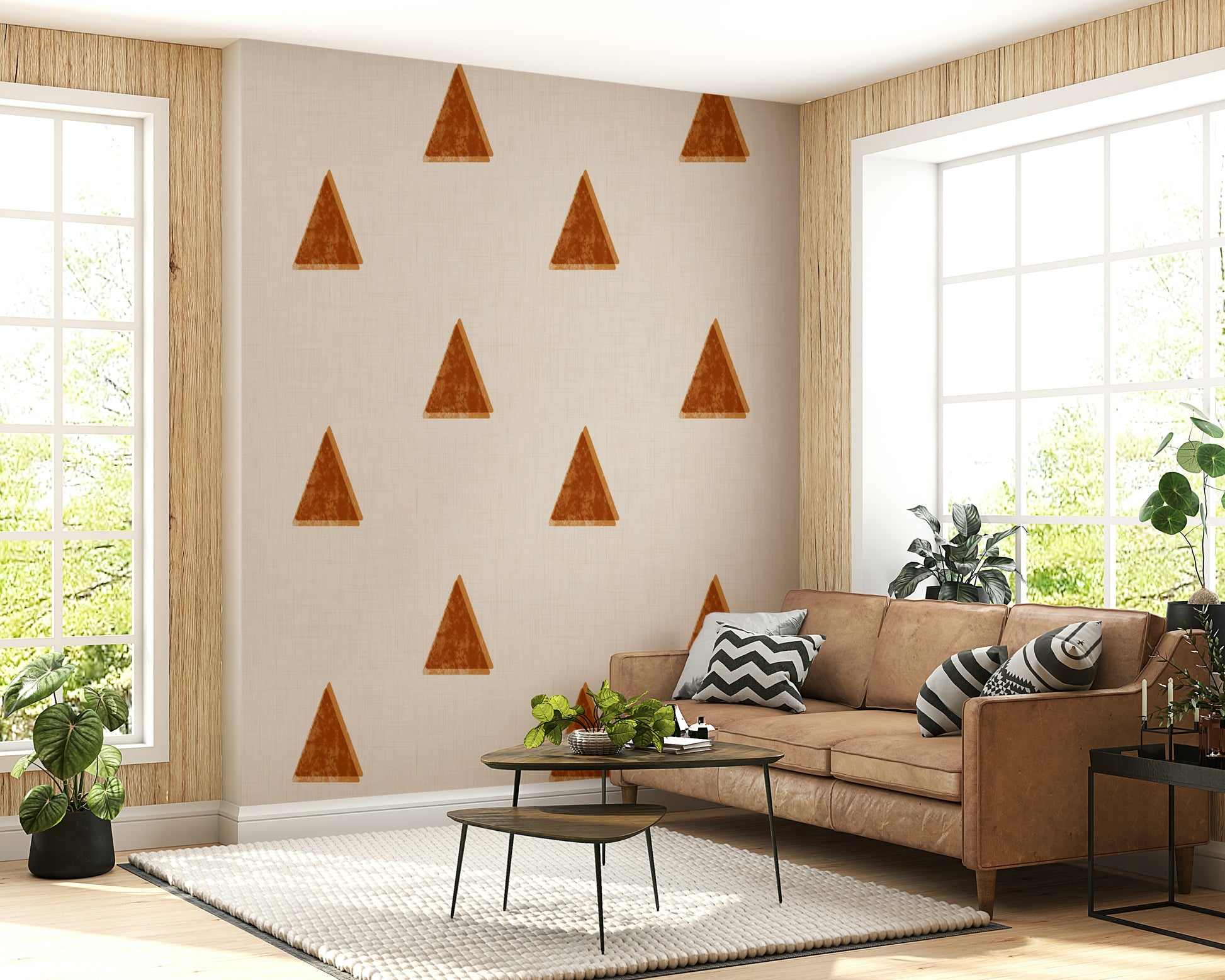 A beautiful Japandi triangle wallpaper mural with subtle trees.

