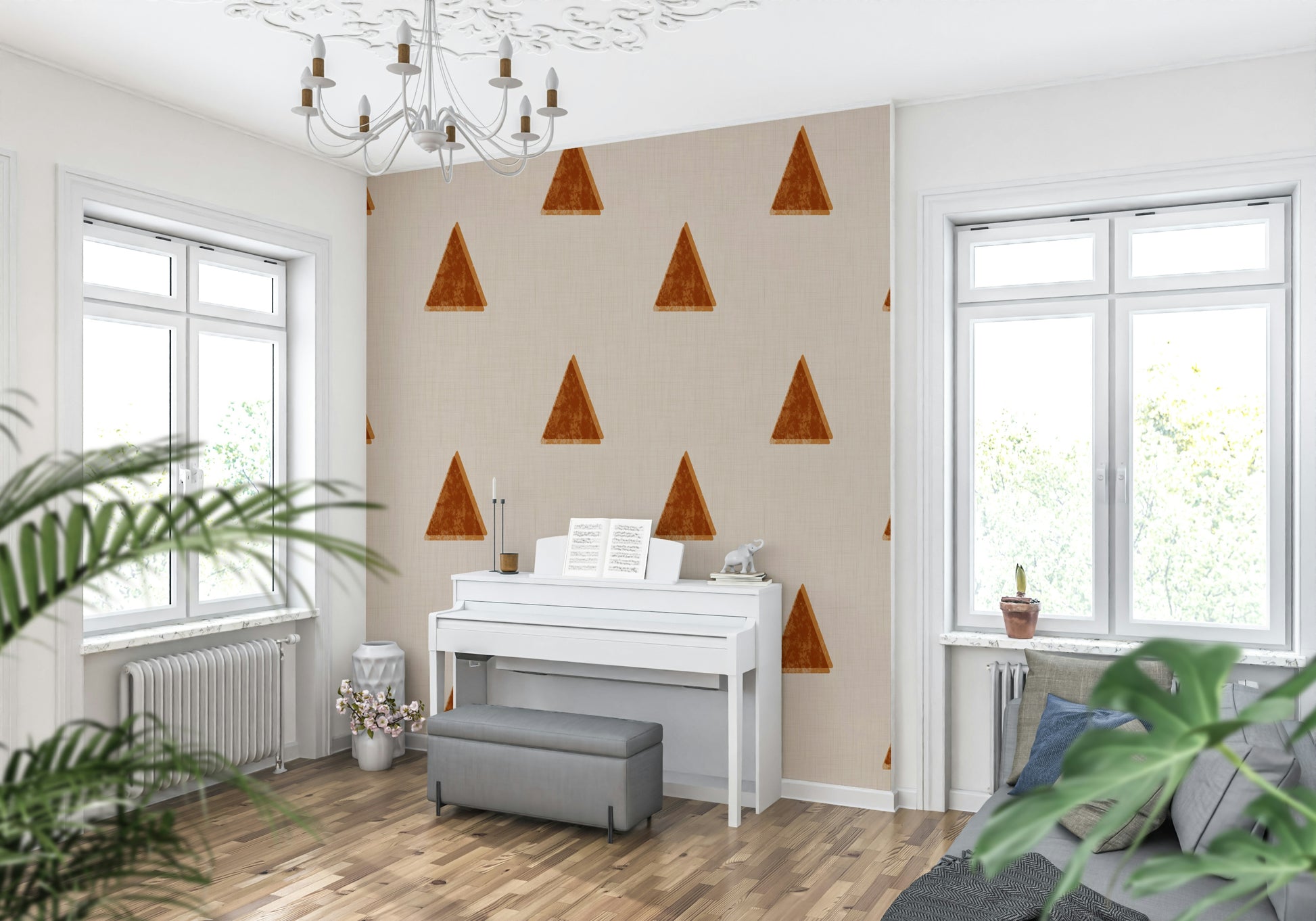 A beautiful modern art wall mural of geometric trees.

