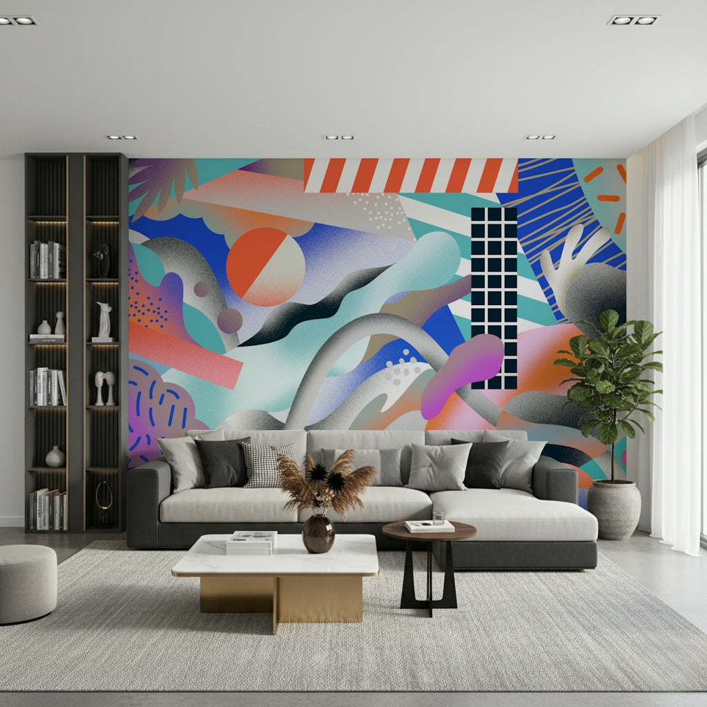 An artistic abstract pattern mural on minimalist wallpaper.


