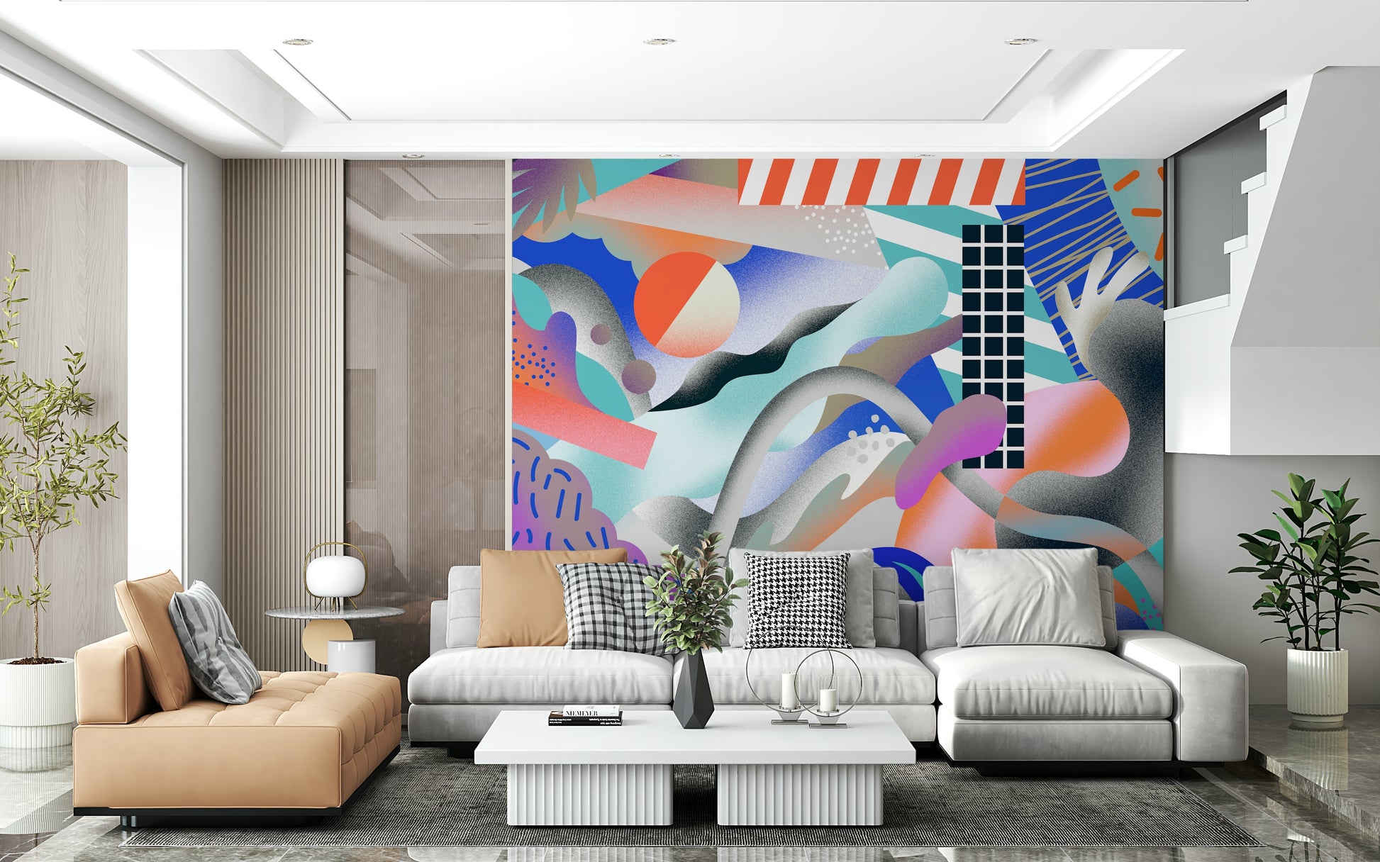 A peaceful grain effect mural on decorative wallpaper.

