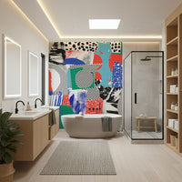 A peaceful geometric abstract mural on decorative wallpaper.

