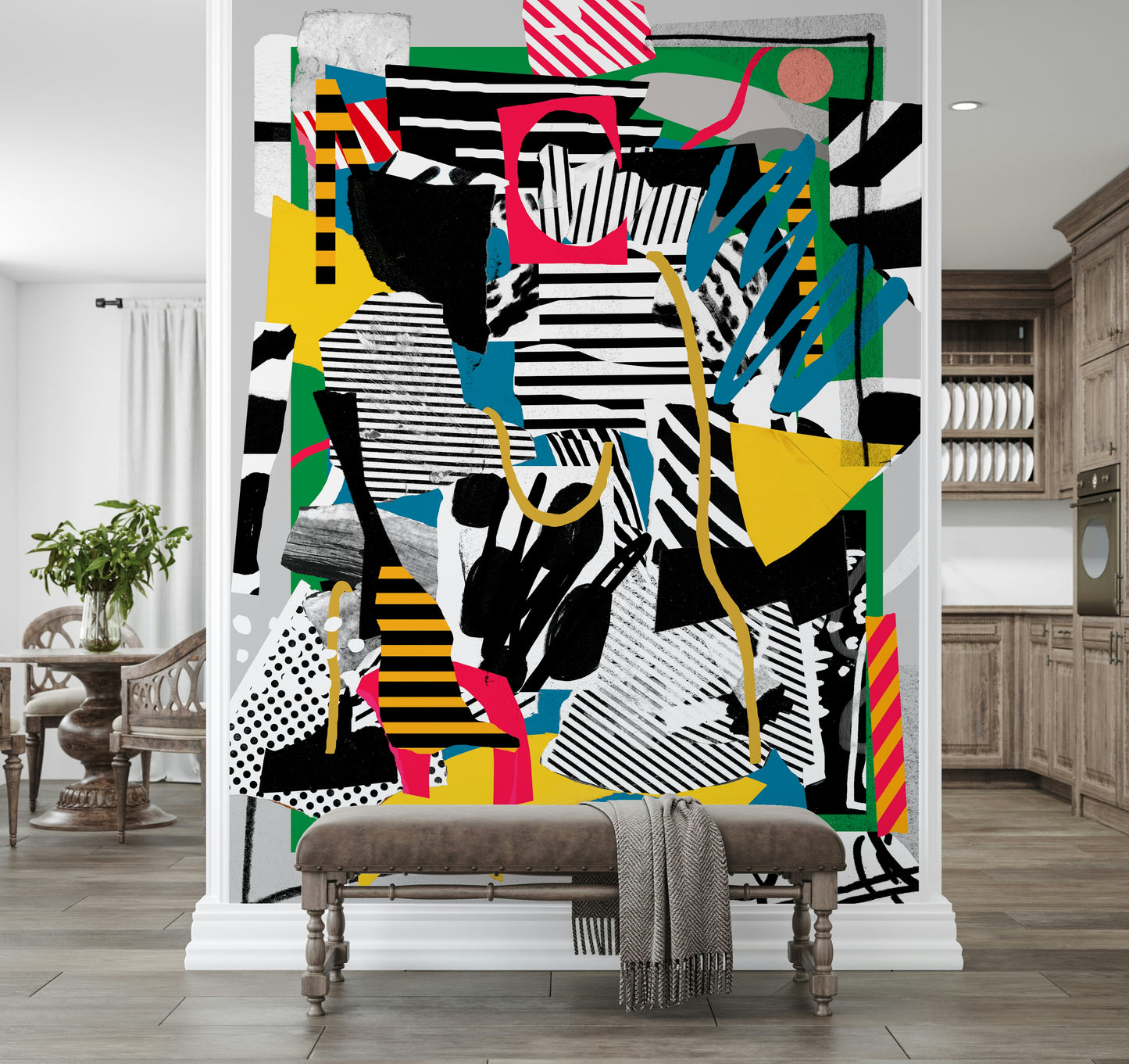 An artistic soccer player mural on minimalist wallpaper.