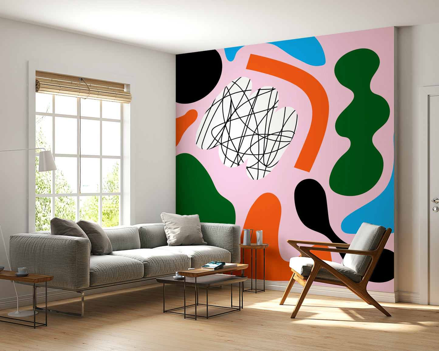 A peaceful modern abstract mural on decorative wallpaper.