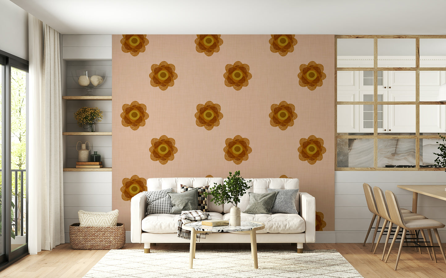 A contemplative minimalist floral wallpaper mural for a feature wall.