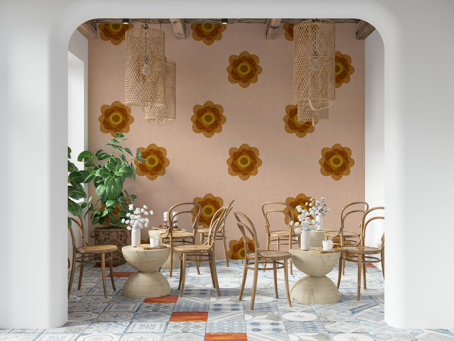 A beautiful Japandi floral wallpaper mural with blush pink and orange petals.