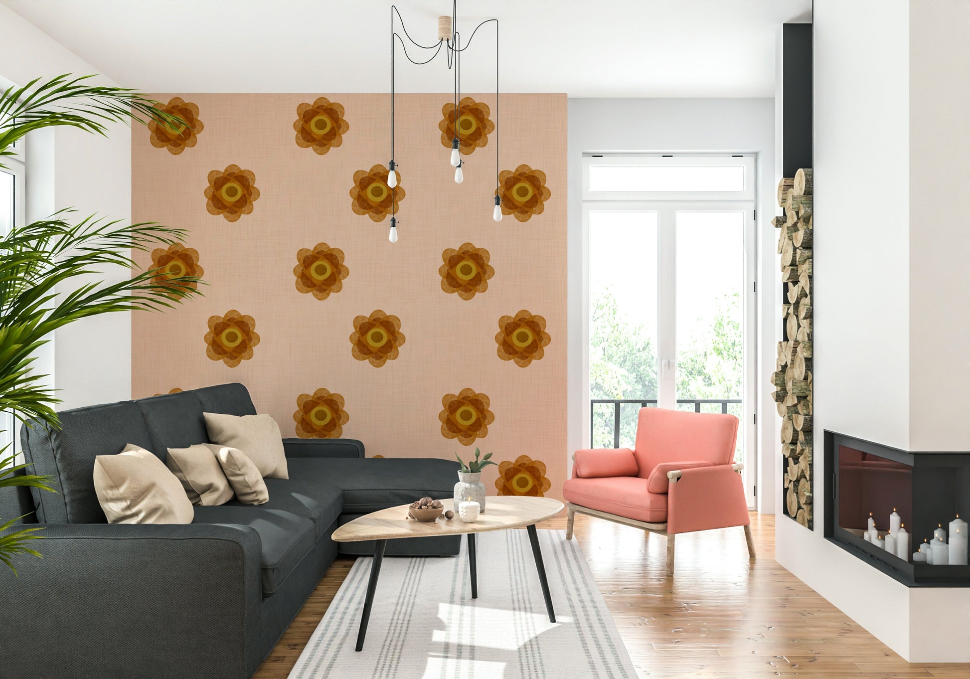 A calming floral design wallpaper mural that defines a space.