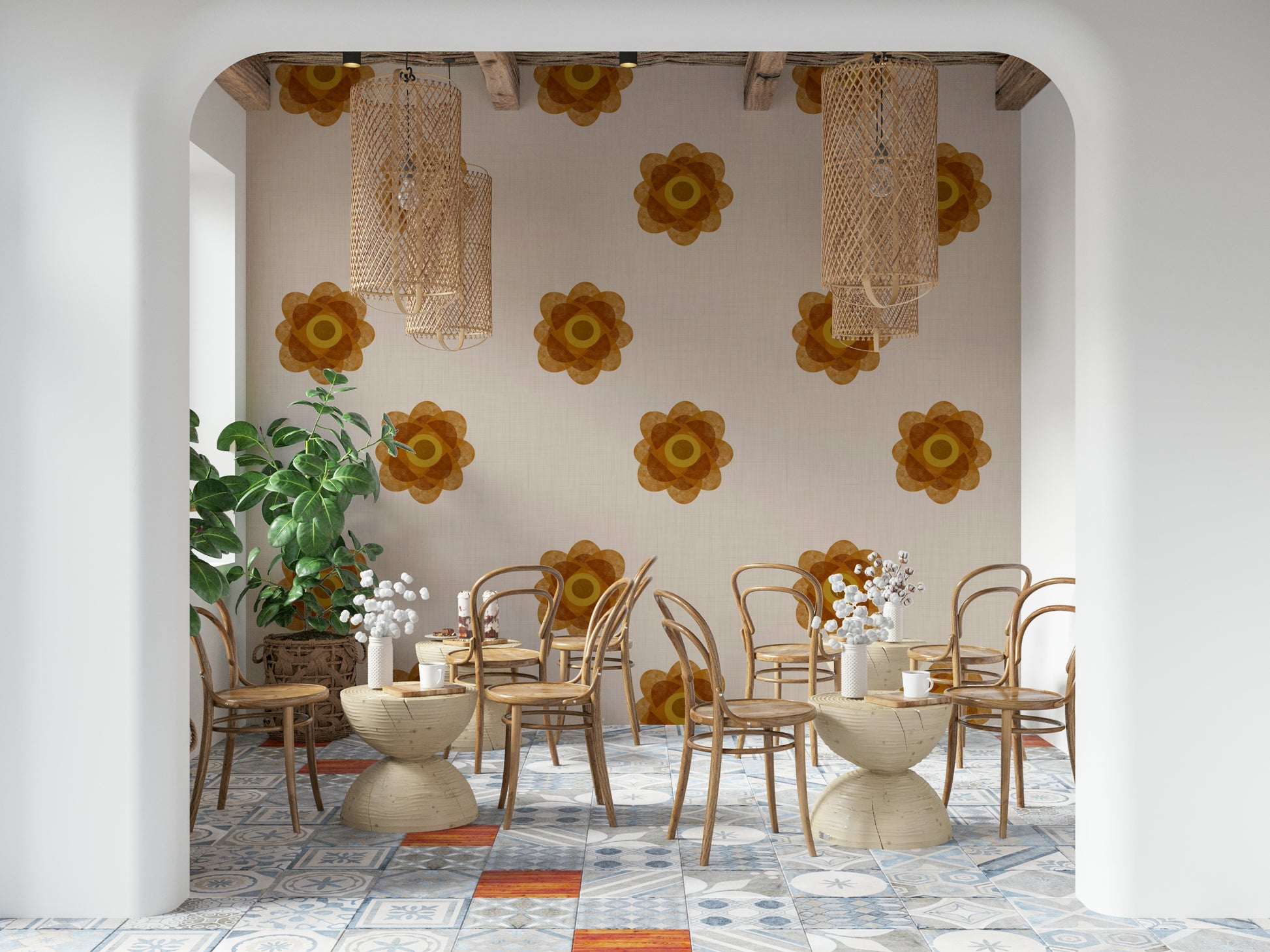 A graceful subtle bloom wall mural in soft, orange tones.