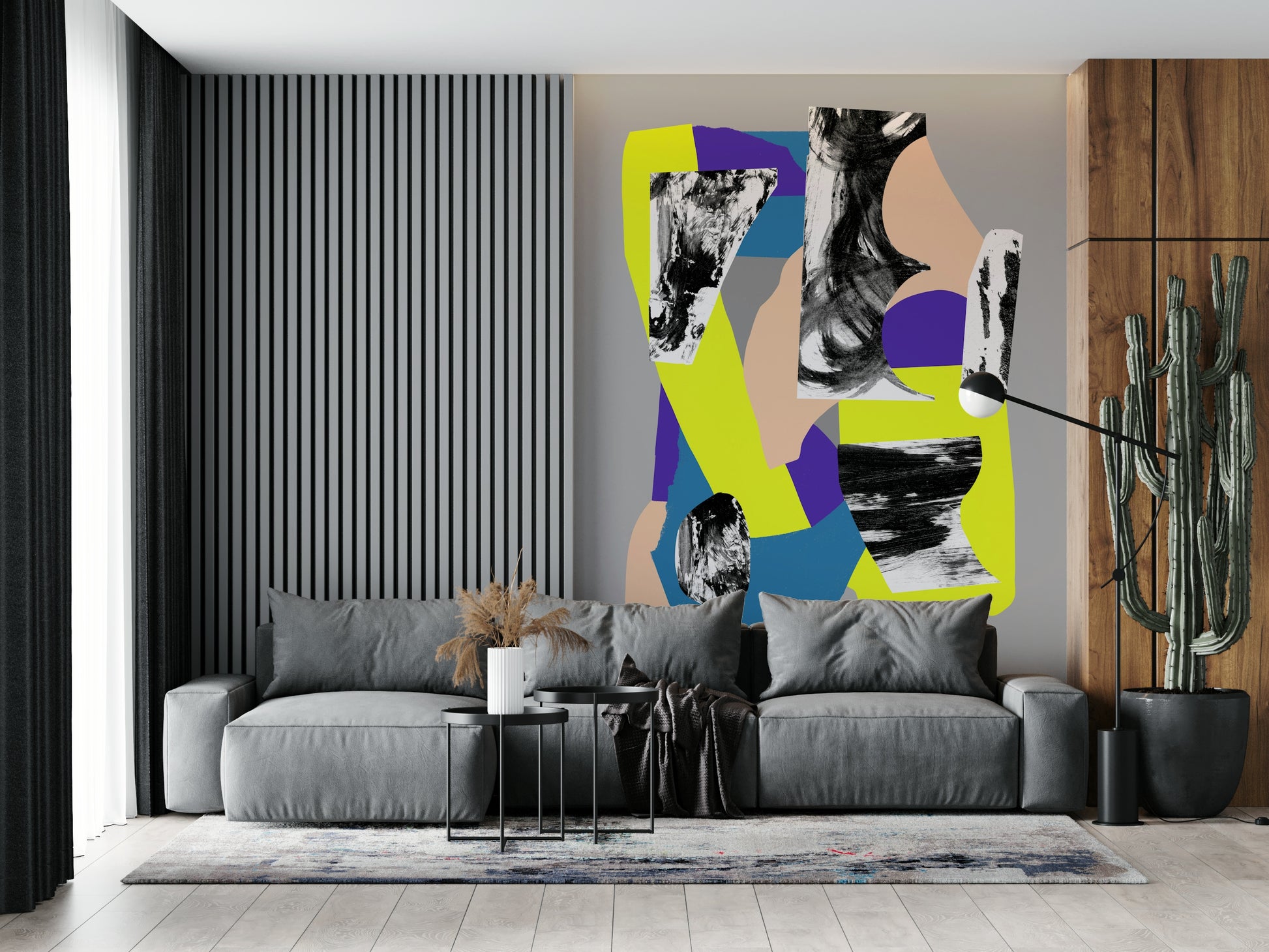 A peaceful modern abstract mural on decorative wallpaper.