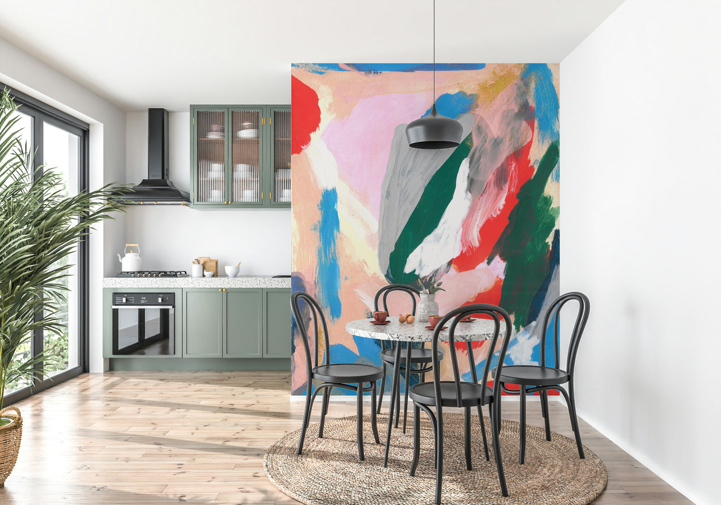 A peaceful modern abstract mural on decorative wallpaper.