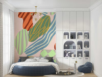 An artistic abstract pattern mural on minimalist wallpaper.
