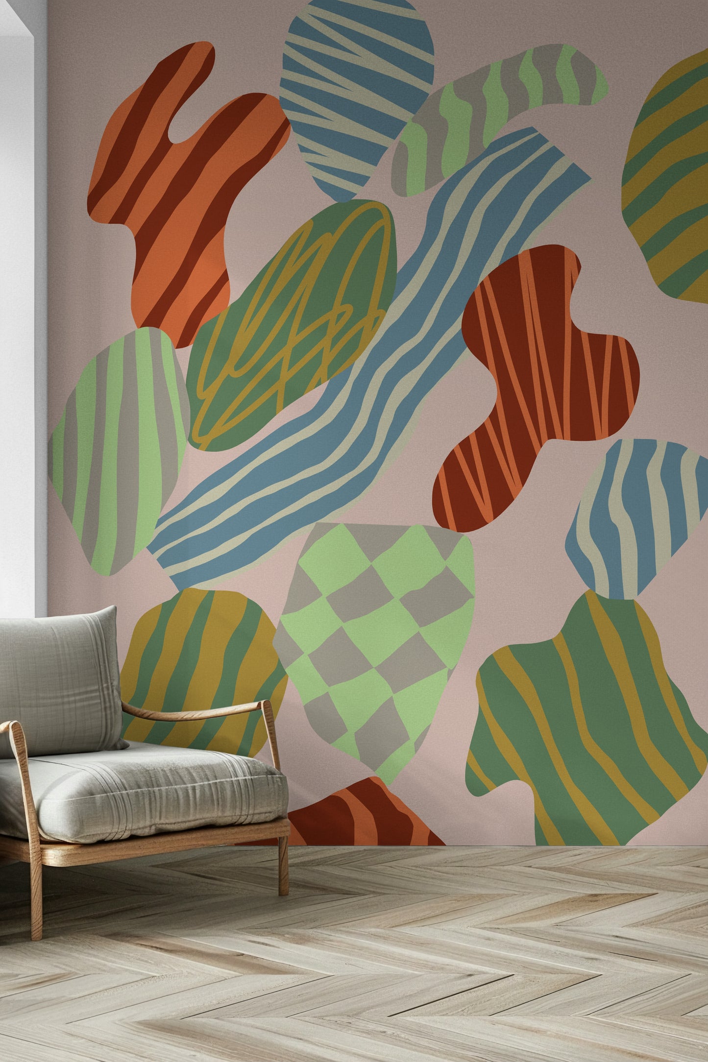 A peaceful modern abstract mural on decorative wallpaper.