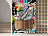 A peaceful modern abstract mural on decorative wallpaper.