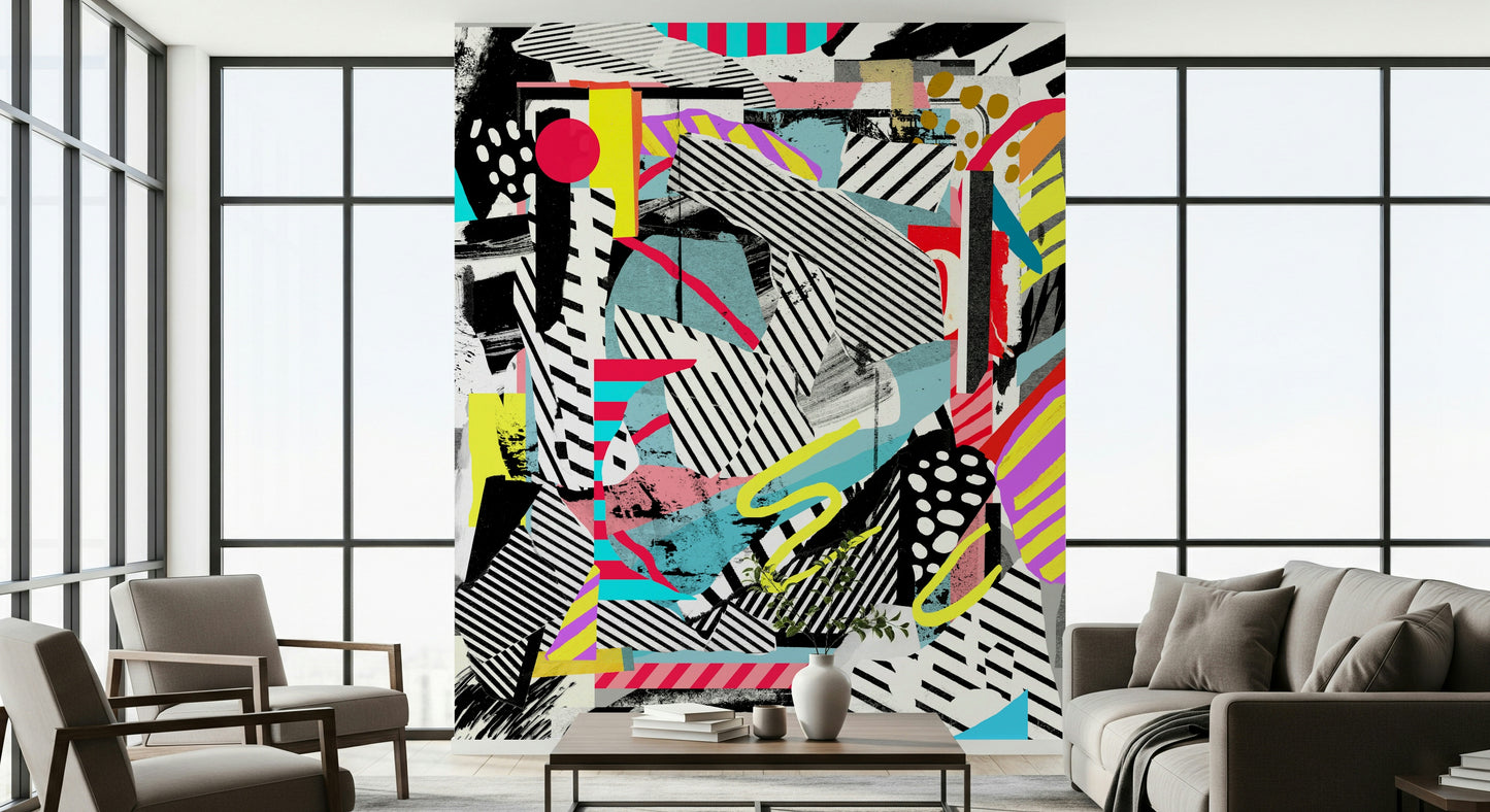 A beautiful abstract urban collage wallpaper mural with subtle texture.