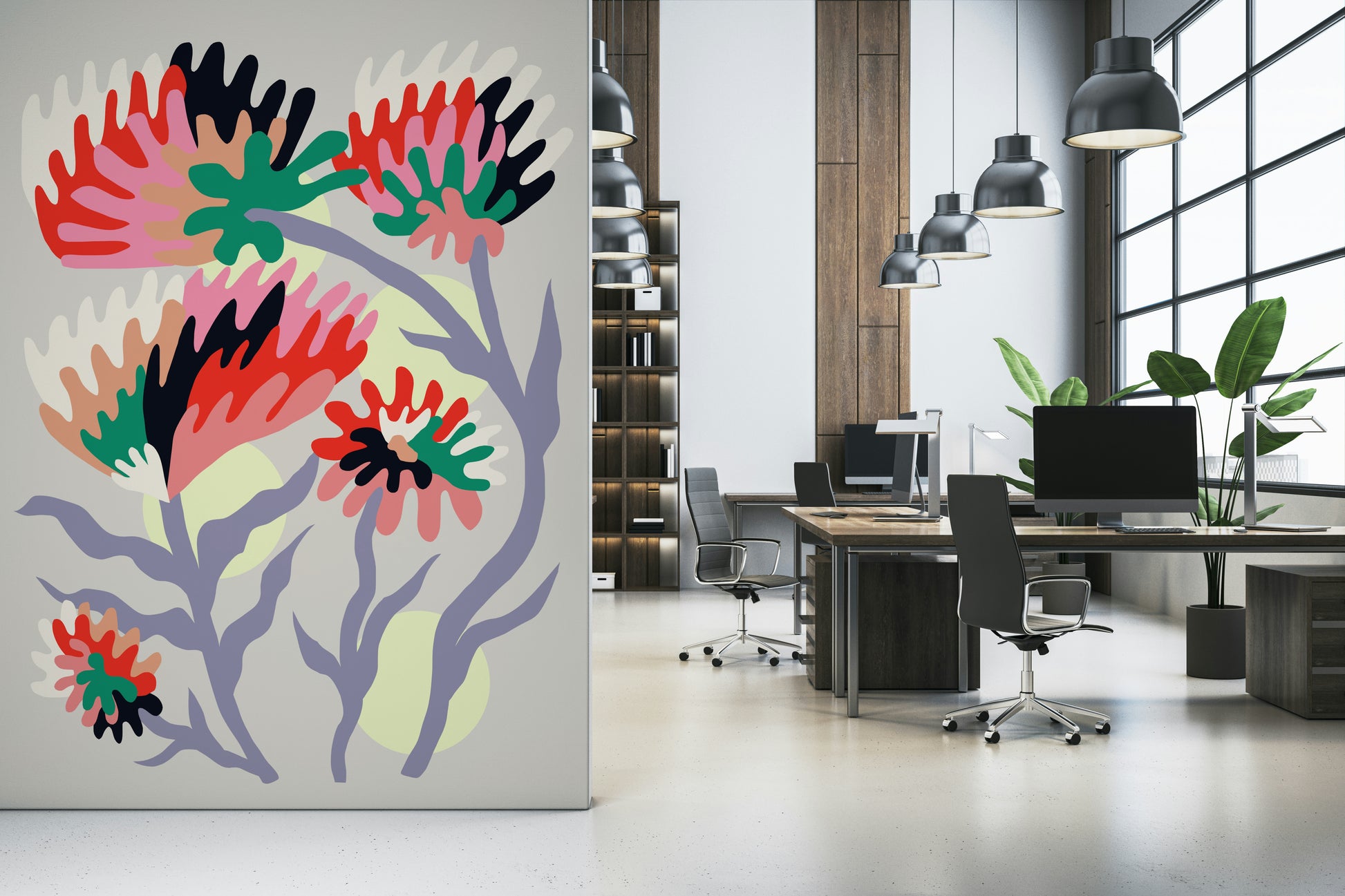 A peaceful flower design mural on decorative wallpaper.