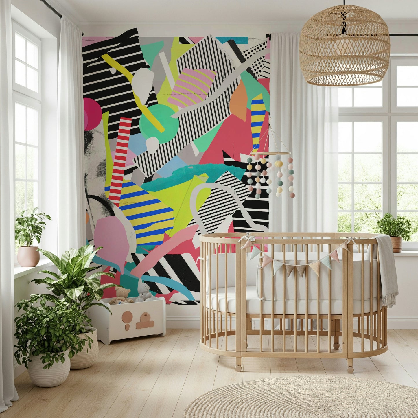 An artistic soft focus mural on minimalist wallpaper.