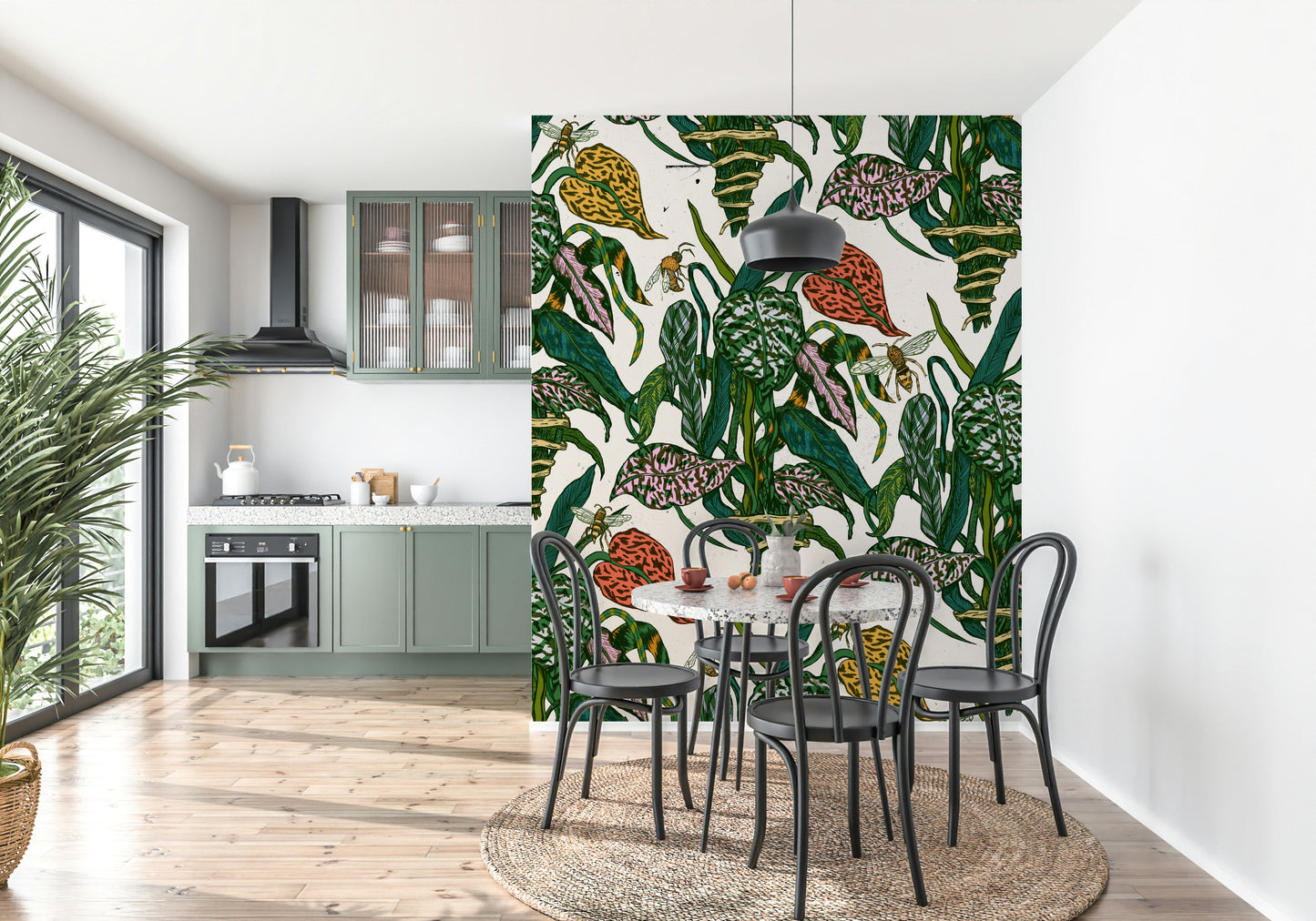 A contemplative floral pattern wallpaper mural for a feature wall.