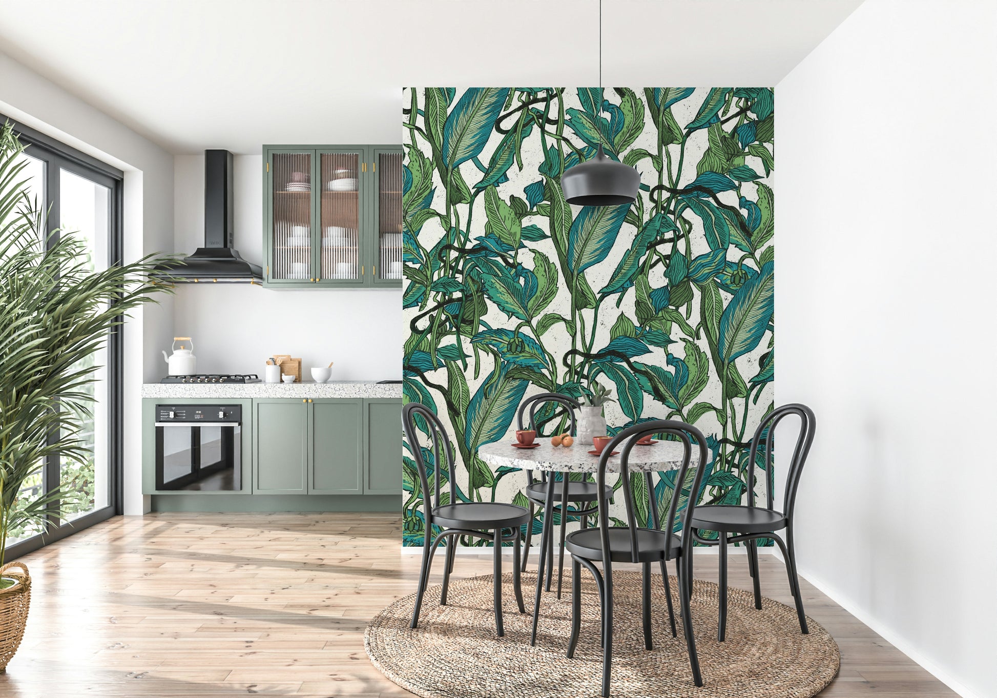 A beautiful wide-angle wall mural of lush plants.