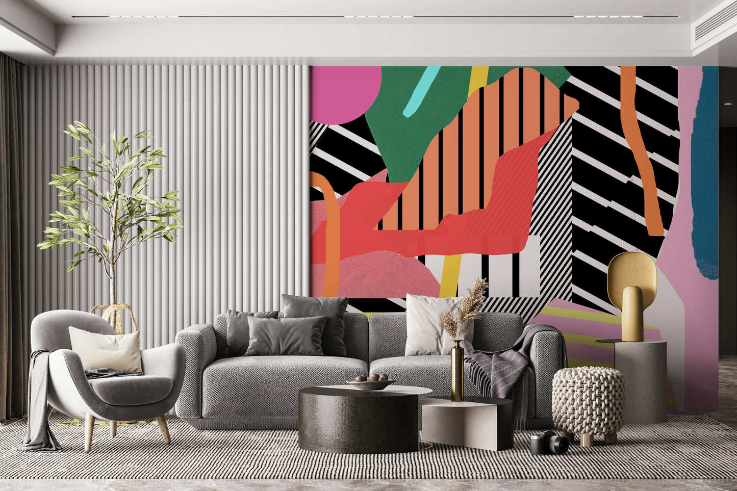 A calming abstract design wallpaper mural that defines a space.