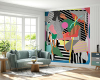 A peaceful modern abstract mural on decorative wallpaper.