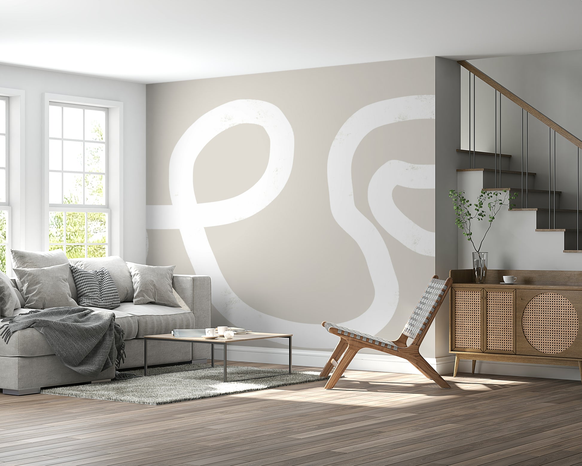 An artistic minimalist form mural for home decor.